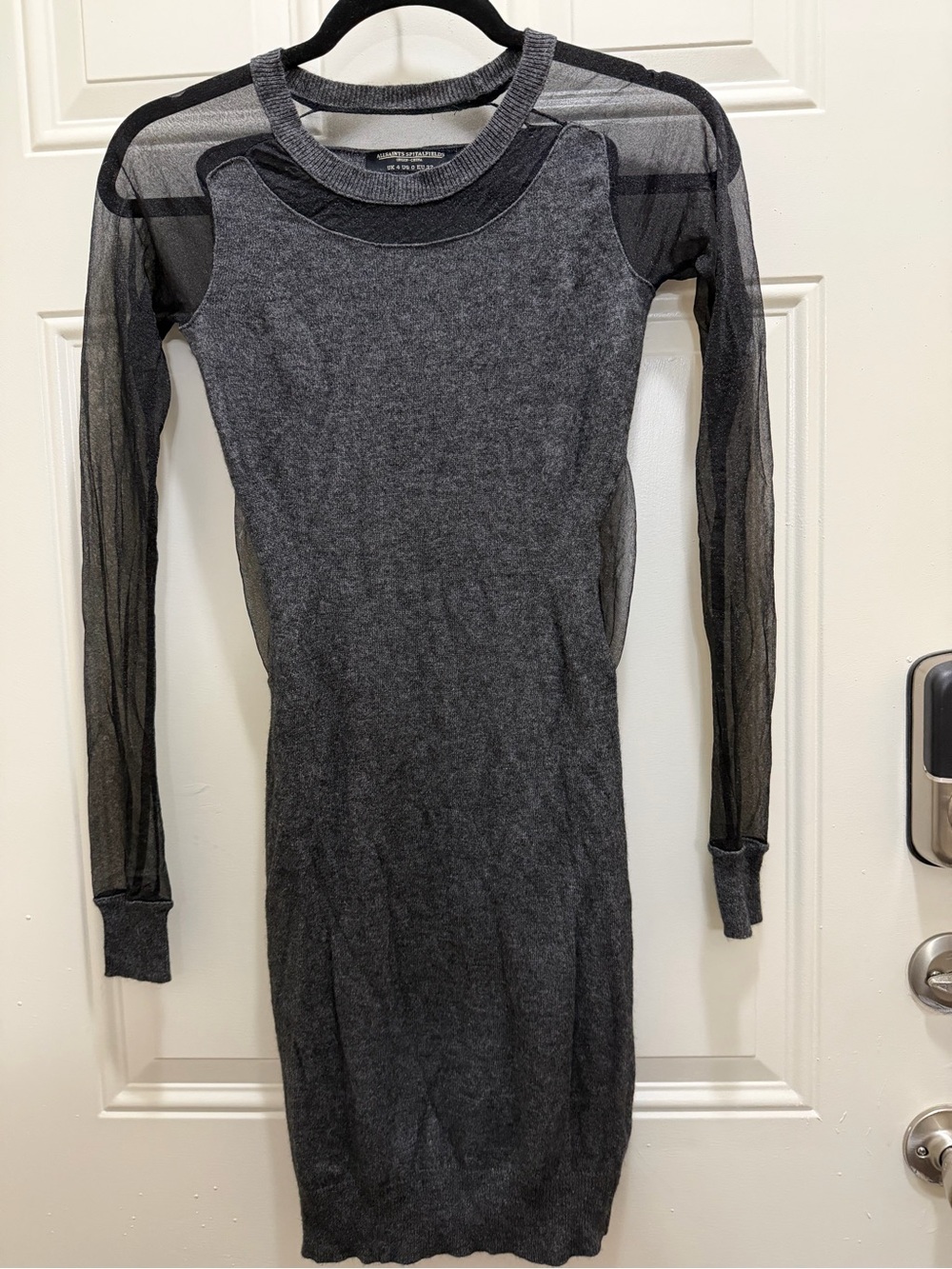 AllSaints Gray Long-Sleeve Mesh Panel Bodycon Dress